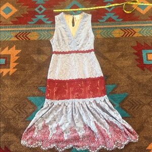 Foxiedox Lace Midi Dress with Red and White Accents (NWOT)